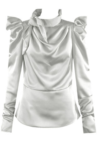 Grey Satin Structured Blouse With Neck Tie