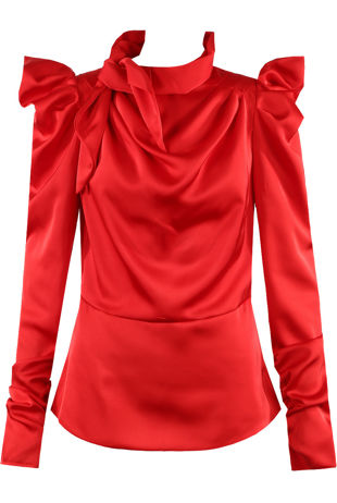 Red Satin Structured Blouse With Neck Tie