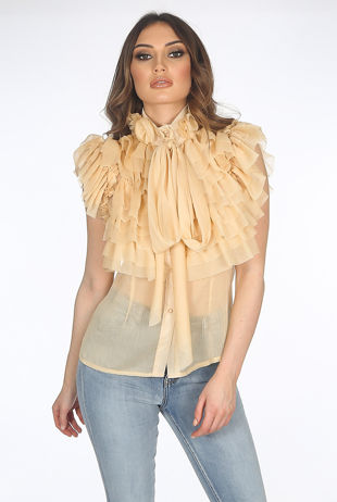Beige Sleeveless Frilled Sheer Pussy Bow Blouse