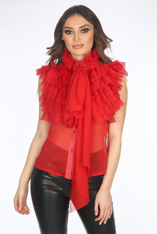 Red Sleeveless Frilled Sheer Pussy Bow Blouse