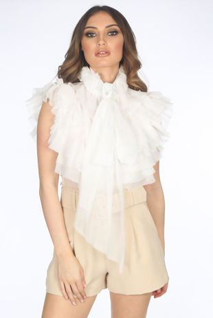 White Sleeveless Frilled Sheer Pussy Bow Blouse