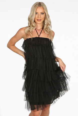 Black Layered Tulle Halter Neck Dress