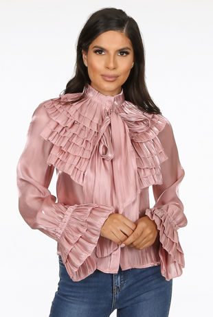 Pink Organza Pussy Bow Ruffle Blouse