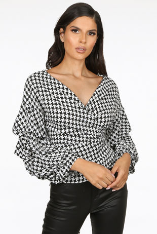 White Dogtooth Ruffle Sleeve Wrap Over Blouse