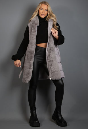 Belted Hooded Gilet With Faux Fur