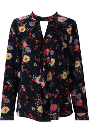Navy Cut Out Neck Floral Blouse