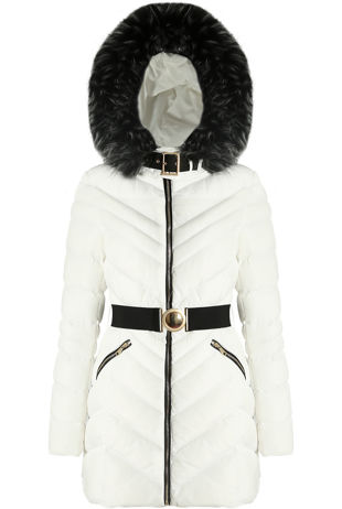 White Quilted Black Fur Hood Puffer Jacket