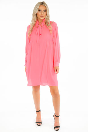 Fuchsia Ruched Tie Up Neck Dress