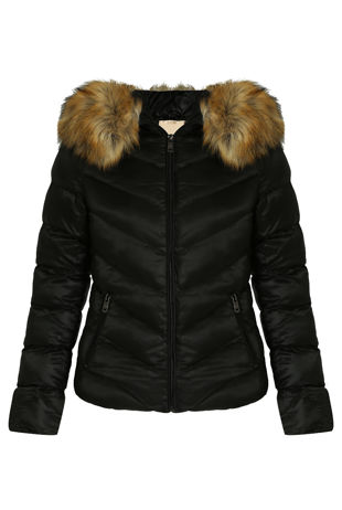 Black Quilted Jacket with Fur Hood