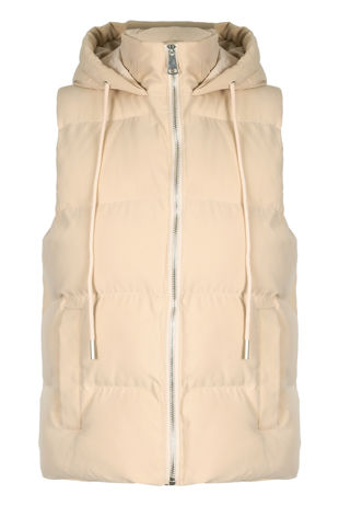 Beige Quilted Fitted Gilet with Hood