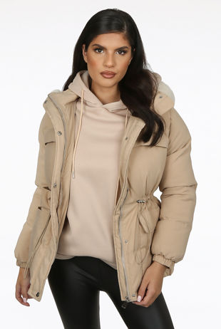 Beige Fitted Hooded Puffer Jacket