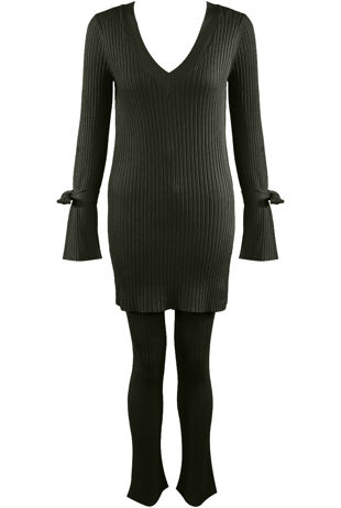 Khaki Ribbed V Neck Jumper & Legging Loungewear Set