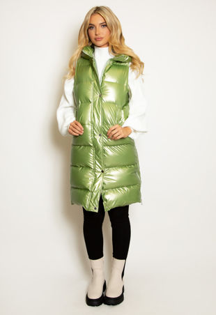 High Shine Sleeveless Long Green Puffer Jacket