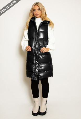 High Shine Sleeveless Long Black Puffer Jacket