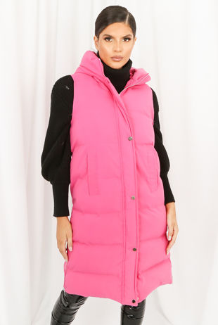 Fuchsia Longline Puffer Gilet with Hood 
