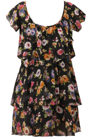 Black Floral Printed Ruffle Dress