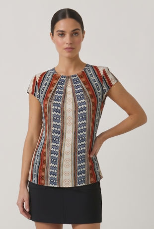 Cream Aztec Print Back Lace Textured Tops 
