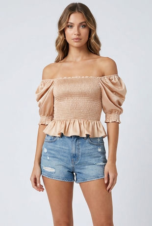 Beige Shirred Satin Bardot Top