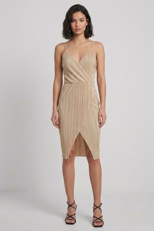 Beige Crinkle Cross Over Bodycon Dress