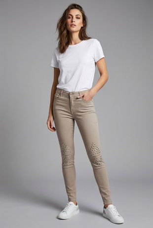 Beige Studded Knees Ripped Jeans