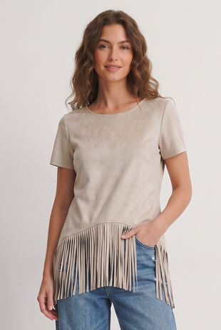 Beige Tassled Faux Suede Tops