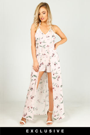 Floral Playsuit With Rose Maxi Overlay 