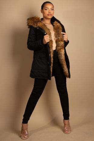 Fur Trim Hooded Jacket in Black