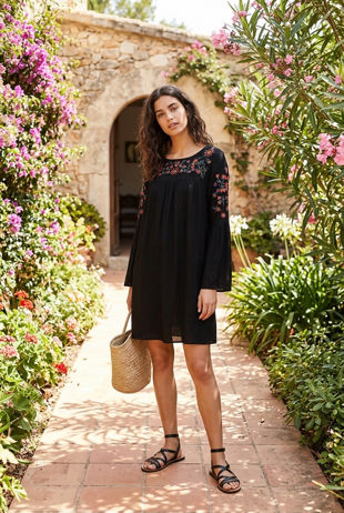 Black Floral Embroidered Shift Dress 