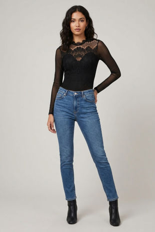 Black Lace Long Sleeve Mesh Bodysuit