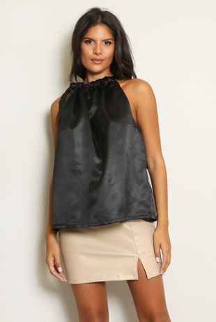 Satin Tie Neck Sleeveless Blouse In Black