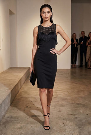 Black Tassel Trim Sleeveless LBD Tight Fitting Stretch Dress