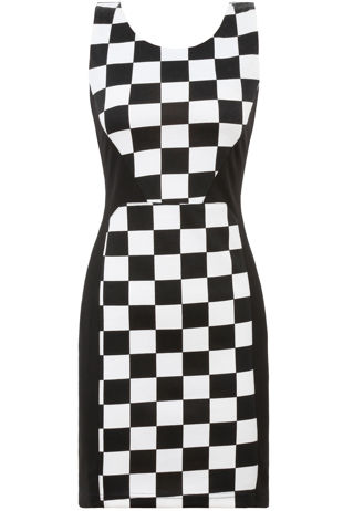 Black & White Checkered Front  Panel Sleeveless Dress