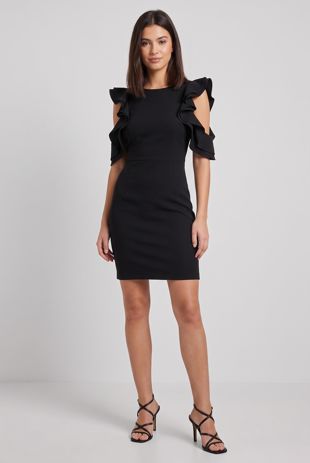 Black Frilled Side Cut Out Bodycon Dress 