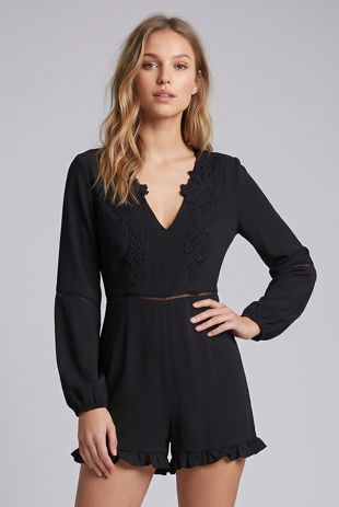 V-Neck Chiffon Playsuit With Crochet Detail In Black