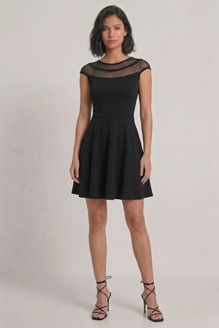 Black Block Colour Netted Side Zip Up Flared Dress