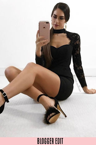 Black Crochet Sleeves Cut Out Neck Dress