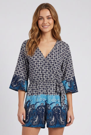 Blue Printed Cross Over Wing Sleeve Playsuit