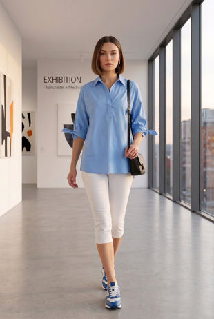 Blue Tie Up Sleeve Collared Top