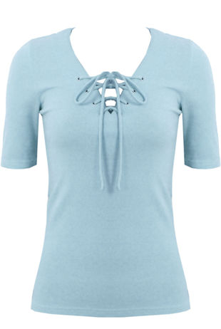 Blue Ribbed Jersey Lace Up Top