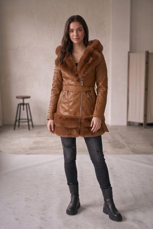 Camel Faux Leather Fur Trim Aviator Coat