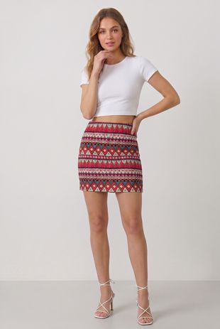Burgundy Wavy Print Back Zip Up Knitted Skirts