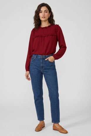 Ruffle High Neck Blouse in Burgundy