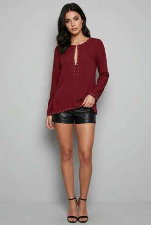 Wine Studded Detail Long Sleeve Tops