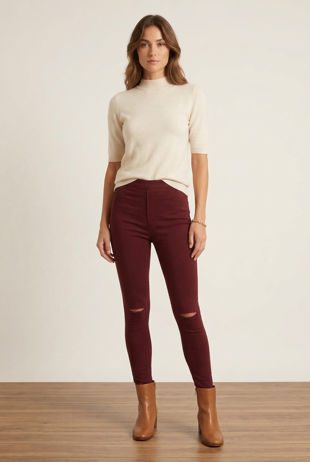 Ripped High Waisted Super Stretch Leggings in Burgundy