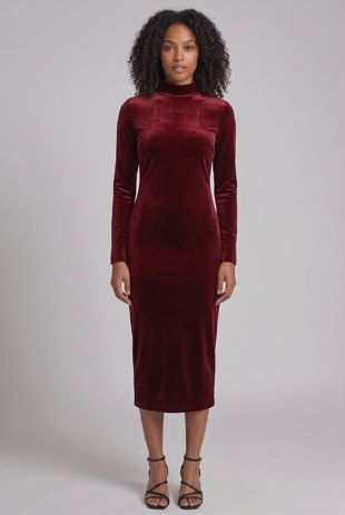 Burgundy Velvet High Neck Bodycon Dress