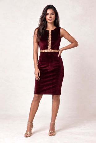 Wine Velvet Front Ring Trimming Bodycon Dress