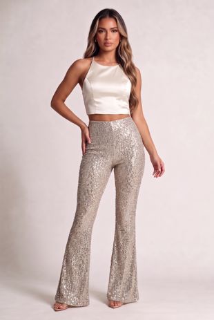 Beige Sequin High Waist Flare Trousers