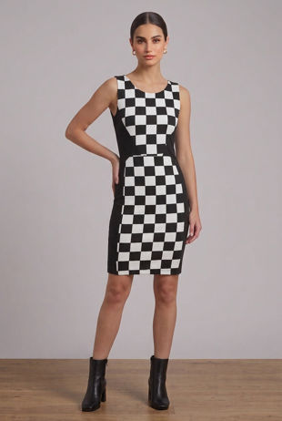 Black & White Checkered Front  Panel Sleeveless Dress