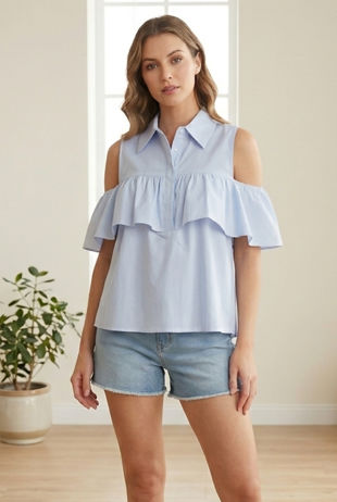 Stripe Frilled Poplin Cold Shoulder Shirt