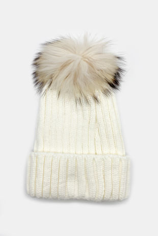 Cream Knitted Fur Pom Beanie Hat 